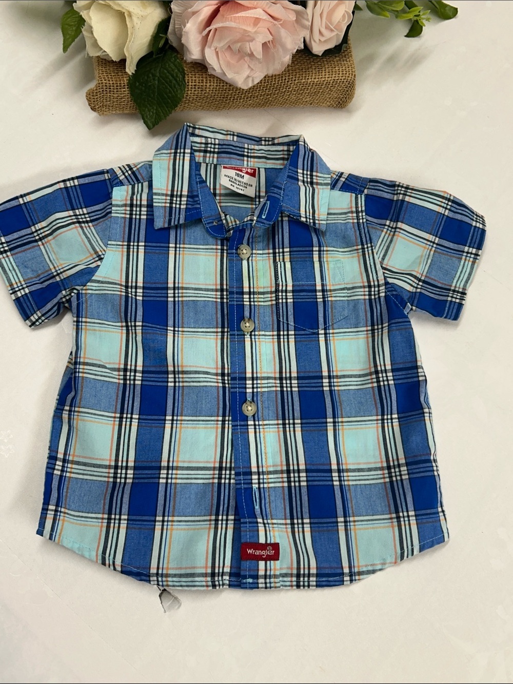 Wrangler Blue & Light Blue Plaid Short-Sleeve Button-Down Shirt for Kids